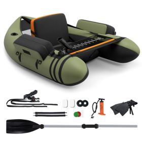 Inflatable Fishing Float Tube with Pump Storage Pockets and Fish Ruler (Color: Green)